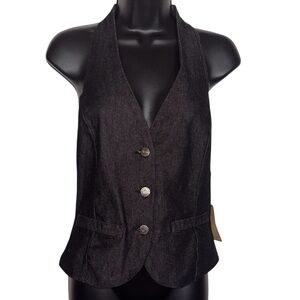 Denim Vest Y2K Black Halter Neck Button Front Open Back Women’s Size Medium